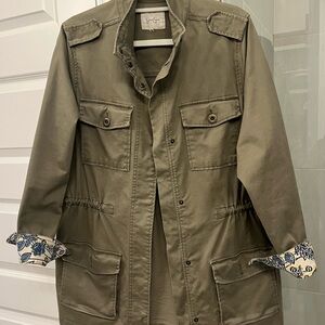 Olive Green Utility Jacket with Floral Cuffs